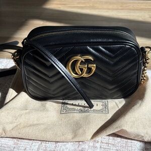 Gucci Black Quilted Crossbody Bag with Gold Accents /GG Marmont small camera bag
